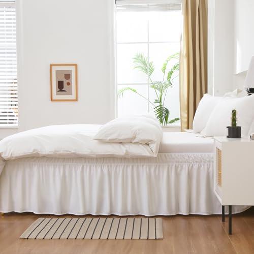 MEILA Wrap Around Bed Skirt Three Fabric Sides Elastic Dust Ruffled 16 Inch Tailored Drop,Easy to Install Fade Resistant-Natural White, Queen/King - Image 4