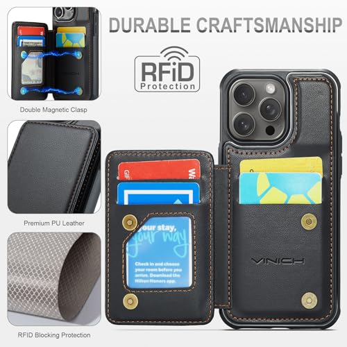 Vinich for iPhone 15 Pro Max Wallet Case with Card Holder, RFID Blocking Credit Slots Kickstand Shockproof Phone Cover Fit for iPhone 15 Pro Max 6.7" Black - Image 5