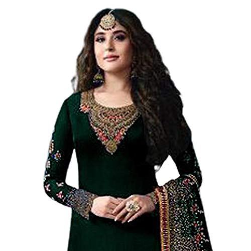 Miss Ethnik Women's Green Georgette Semi Stitched Top With Unstitched Santoon Bottom and Faux Georgette Dupatta Embroidered Straight Kurta Dress Material (Salwar Suit Set) (ME-976-Green) - Image 3