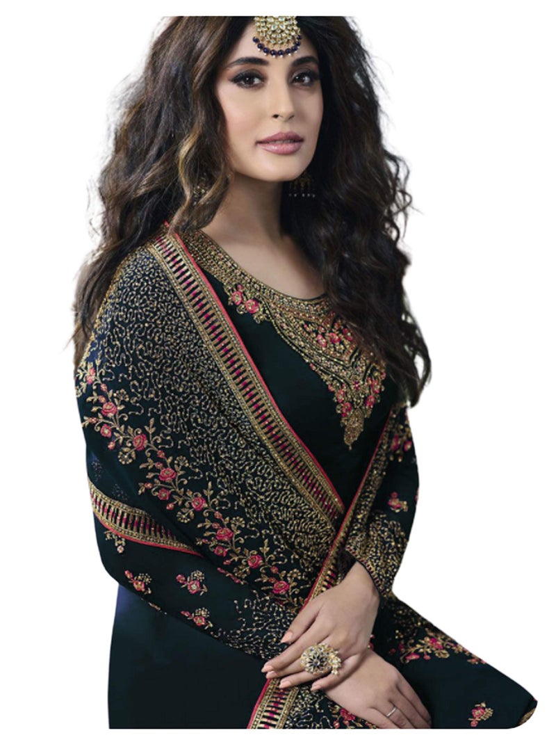 Miss Ethnik Women's Green Georgette Semi Stitched Top With Unstitched Santoon Bottom and Faux Georgette Dupatta Embroidered Straight Kurta Dress Material (Salwar Suit Set) (ME-976-Green) - Image 2