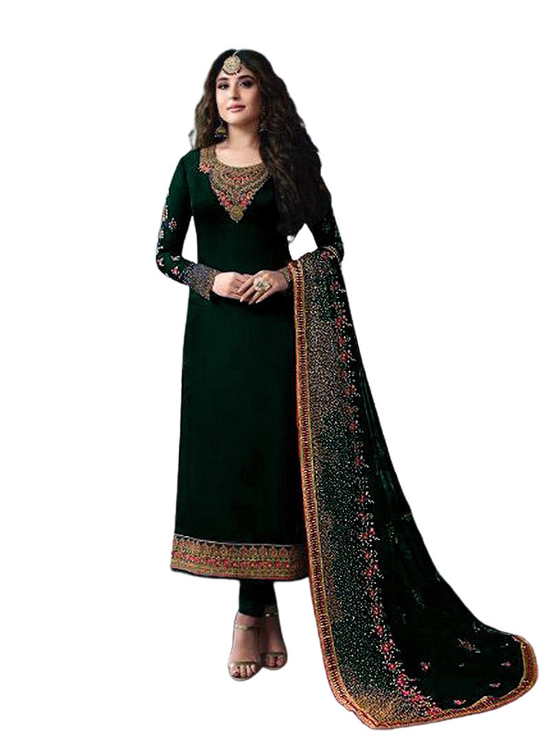 Miss Ethnik Women's Green Georgette Semi Stitched Top With Unstitched Santoon Bottom and Faux Georgette Dupatta Embroidered Straight Kurta Dress Material (Salwar Suit Set) (ME-976-Green) - Image 1