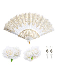 Excefore 2 Pieces Women Rose Flower Hair Clip and Embroidered Sequins Fabric Handheld Folding Fan Hair Accessories for Flamenco Dancer Costume Accessories Girl Cosplay Party  - Image 1