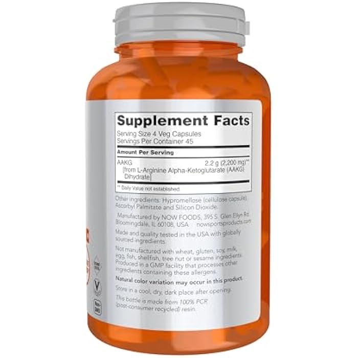 Now Sports AAKG 2200, Arginine, Energy Productuion, 180 Veg Capsules - Image 2