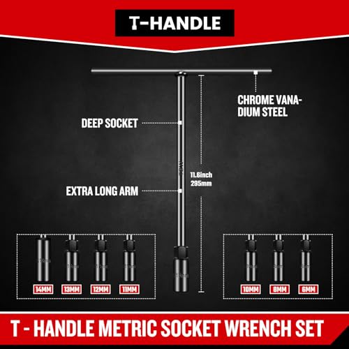 Upenjok T-Handle Wrench Socket Set, Cr-V Steel T Wrench Set Metric Size 6mm to 14mm, Wrench Tool Socket with Long Reach for Motorcycle Dirtbike Bicycle Repair (7 Pack) - Image 2