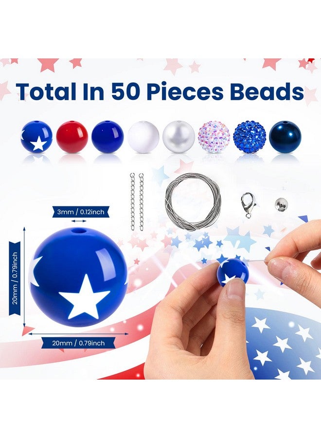 TXIN 50 Pieces Independence Day Bubblegum Beads 20Mm Large Acrylic July 4Th Patriotic Spacer Beads Rhinestone Star Pattern Craft Beads For Jewelry Making Bracelet Necklaces Holiday Party Decor - Image 2
