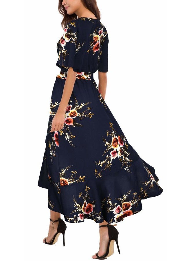 Kormei Womens Short Sleeve Floral Maxi Dress High Low V-Neck Flowy Party Long Dresses, Blue&flower#2, M - Image 3