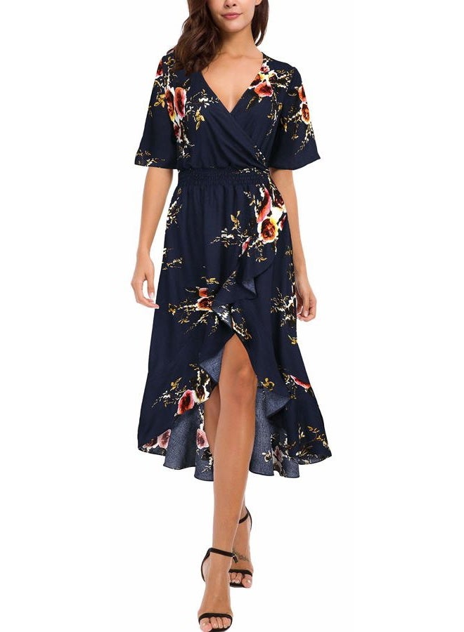 Kormei Womens Short Sleeve Floral Maxi Dress High Low V-Neck Flowy Party Long Dresses, Blue&flower#2, M - Image 2