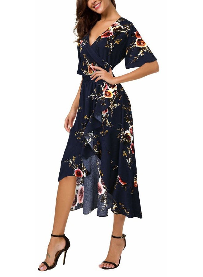 Kormei Womens Short Sleeve Floral Maxi Dress High Low V-Neck Flowy Party Long Dresses, Blue&flower#2, M - Image 1