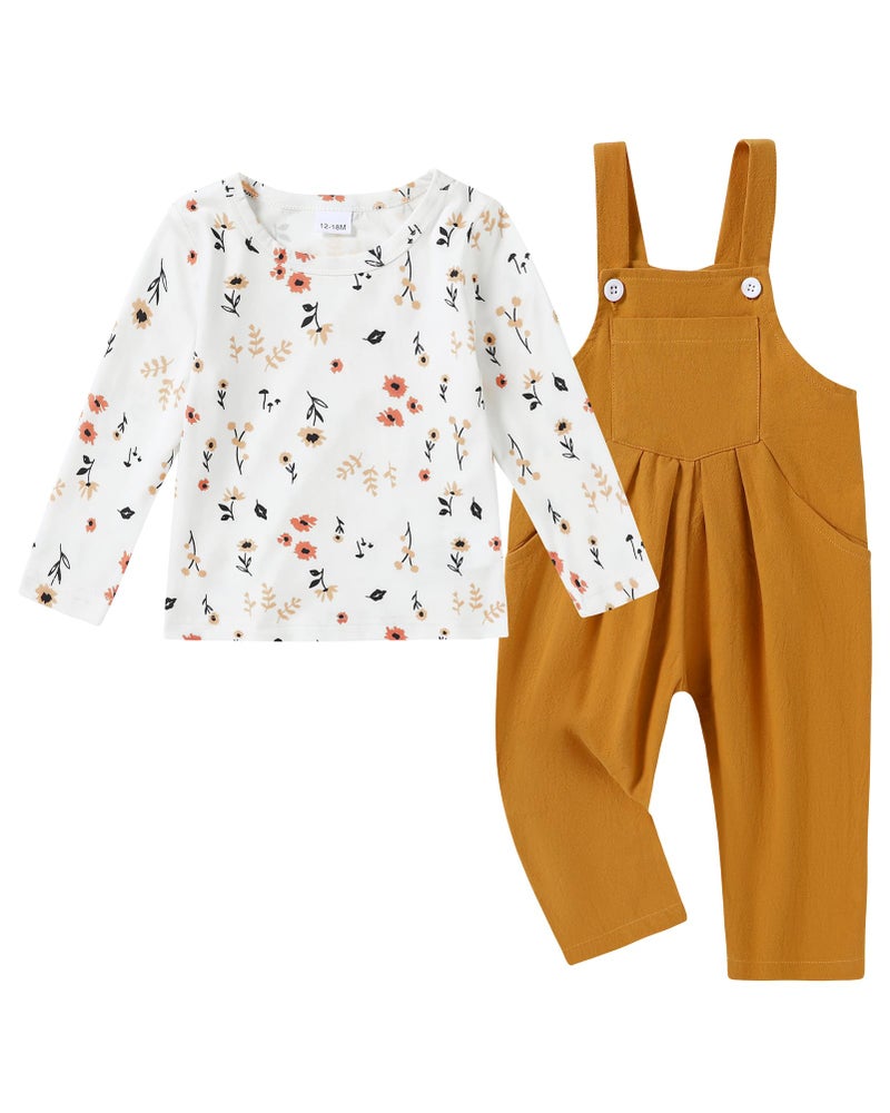 ZOEREA Toddler Girl Clothes 1-5T Baby Girl Outfits Fall Winter Stripe Floral Long Sleeve Top+Bib Overall Pants 2Pcs Clothing(L Yellow-print,3-4T) - Image 1