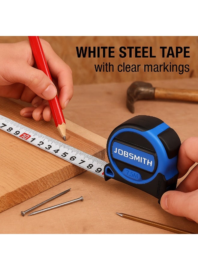 JOBSMITH Retractable Measuring Tape 7.5m with Lock Mechanism and Metal Belt Clip for Home, DIY, Construction and Contractor Use - Image 3