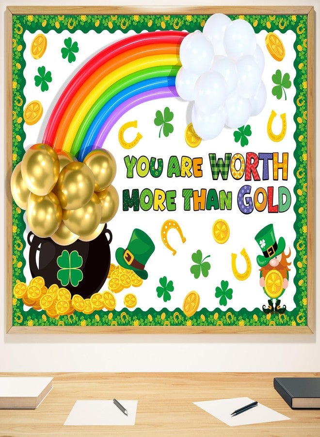Funrous St. Patrick's Day Bulletin Board Decoration 3D Rainbow Balloon Decor Irish Bulletin Board Shamrock Gold Coin Pot Paper Cutouts Clover Classroom Chalkboard Decor for Classroom Wall Door - Image 1