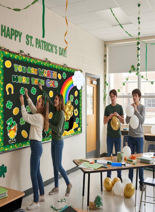 Funrous St. Patrick's Day Bulletin Board Decoration 3D Rainbow Balloon Decor Irish Bulletin Board Shamrock Gold Coin Pot Paper Cutouts Clover Classroom Chalkboard Decor for Classroom Wall Door - Image 5
