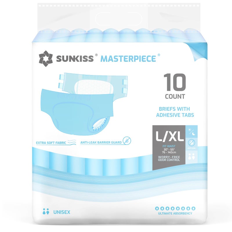 SUNKISS Masterpiece Adult Diapers with Tabs, Unisex Disposable Incontinence Briefs for Women and Men, Odor Control, Blue, L/XL, 10 Count - Image 1