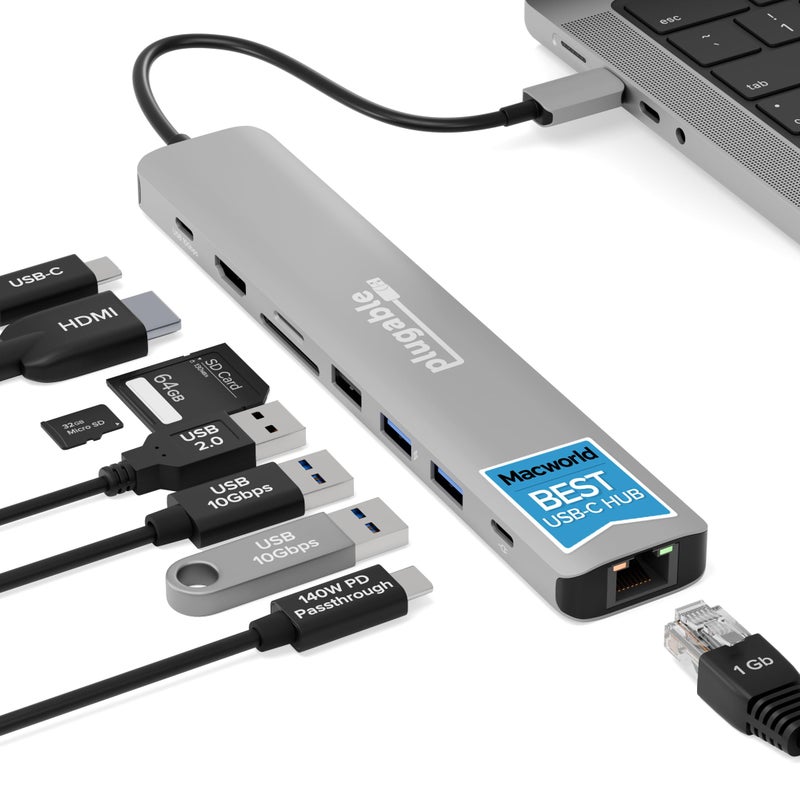 Plugable USB C Hub Multiport Adapter: 9-in-1 with 140W PD Charging, 4K 60Hz HDMI, 10Gbps Data Transfer, Gigabit Ethernet, SD for USBC, USB4, Thunderbolt MacBook, Windows, Chromebook (USBC-9IN1E) - Image 1
