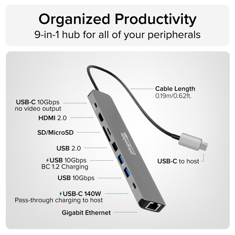 Plugable USB C Hub Multiport Adapter: 9-in-1 with 140W PD Charging, 4K 60Hz HDMI, 10Gbps Data Transfer, Gigabit Ethernet, SD for USBC, USB4, Thunderbolt MacBook, Windows, Chromebook (USBC-9IN1E) - Image 3