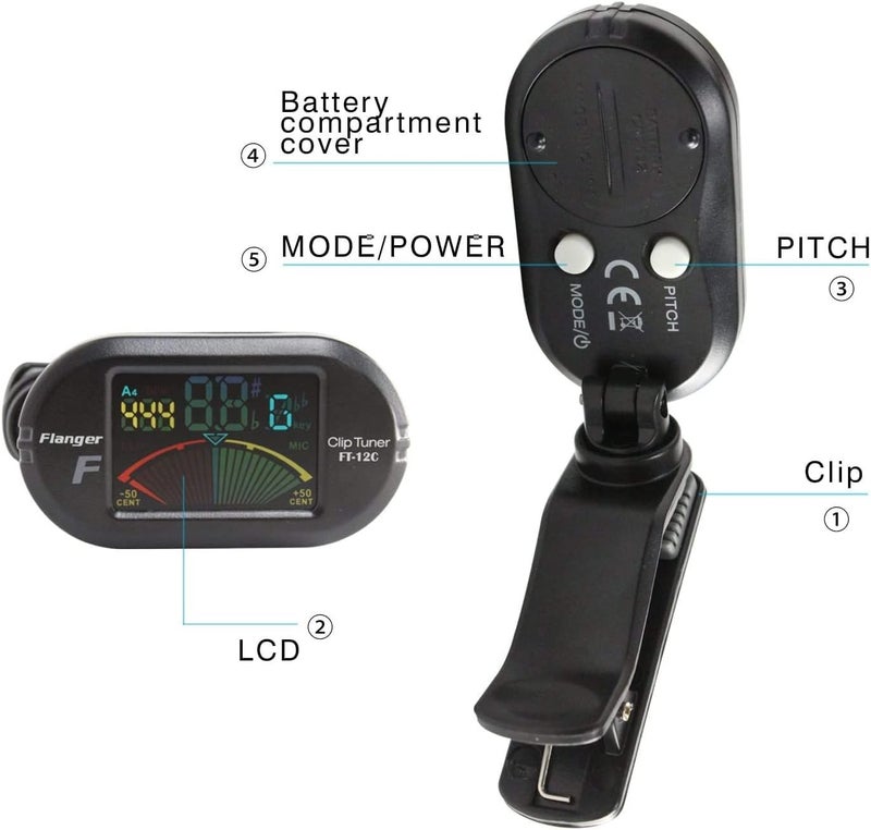 فلانجر موالف غيتار رقمي Blinggo، شاشة LCD ملونة عالية الحساسية، موالف كروماتيكي محمول قابل للتثبيت لجميع الآلات الوترية والنفخية والنحاسية، أسود - Image 2