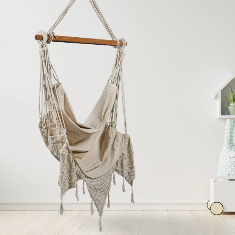 كرسي أرجوحة قماش قطن معلق للبالغين مع قضيب تعليق، أرجوحة قطنية باللون الأبيض الفاتح، مُجمعة مسبقًا