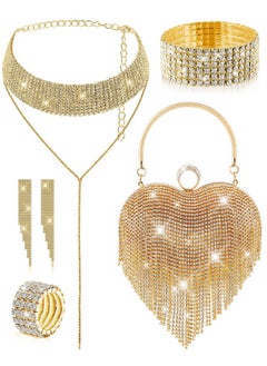 Mtlee 5 Pcs Heart Purse Rhinestone Tassel Evening Clutch Bag Valentine'S Day Jewelry Set For Women Wedding Dinner (Gold)  - Image 1