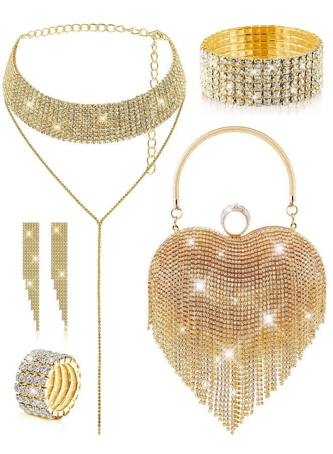 Mtlee 5 Pcs Heart Purse Rhinestone Tassel Evening Clutch Bag Valentine'S Day Jewelry Set For Women Wedding Dinner (Gold) - Image 1