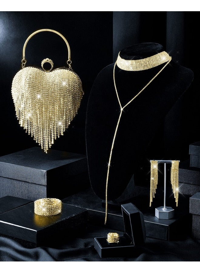 Mtlee 5 Pcs Heart Purse Rhinestone Tassel Evening Clutch Bag Valentine'S Day Jewelry Set For Women Wedding Dinner (Gold) - Image 2