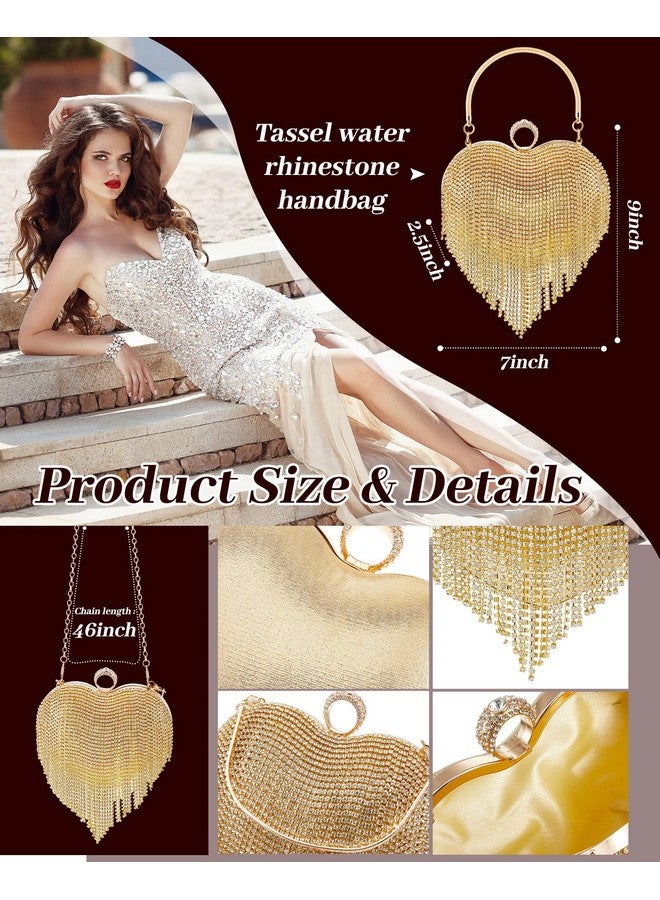 Mtlee 5 Pcs Heart Purse Rhinestone Tassel Evening Clutch Bag Valentine'S Day Jewelry Set For Women Wedding Dinner (Gold) - Image 3