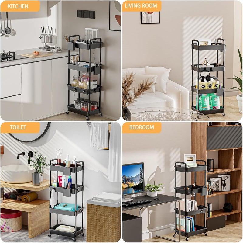 REBECAT 4 Tier Rolling Utility Cart with Handle, Utility Cart Made of Multifunctional Storage Organizer Tool for Kitchen,Bathroom,Living Room,Office(Black) - Image 5