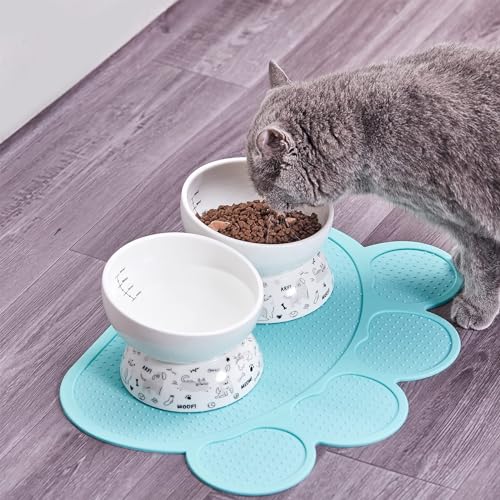 Howise Ceramic Raised Cat Bowl Set | Elevated Food and Water Bowls for Cats and Small Dogs | 2 Pack Tilted With Anti-Slip Silicone Mat (Gray) - Image 2