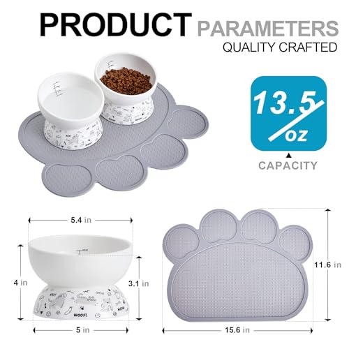 Howise Ceramic Raised Cat Bowl Set | Elevated Food and Water Bowls for Cats and Small Dogs | 2 Pack Tilted With Anti-Slip Silicone Mat (Gray) - Image 3