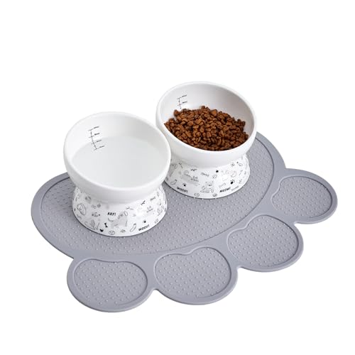 Howise Ceramic Raised Cat Bowl Set | Elevated Food and Water Bowls for Cats and Small Dogs | 2 Pack Tilted With Anti-Slip Silicone Mat (Gray) - Image 1