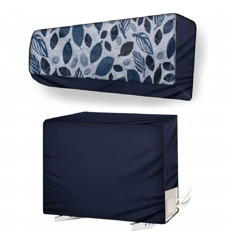 Da Anushi Split AC Cover Set of Indoor and Outdoor Unit for 1.5 Ton Capacity Attractive Digital Prints/Dustproof/Water Resistant (Blue Grey Leaf), Polyester - Image 1