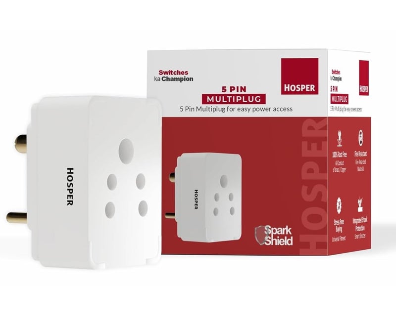 HOSPER - 5 Pin Multi Plug Socket with Spark Shield - Universal Power Adapter for Home, Office & Travel Safe, Compact & Durable Electrical Socket(Pack of 2) - Image 2