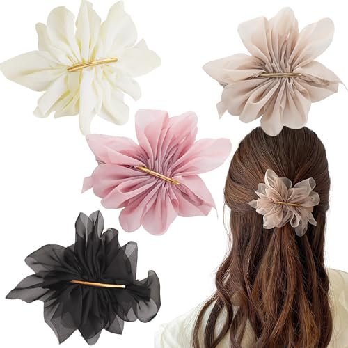 CoolShef 4Pcs Hair Clips for Woman | Large French Chiffon Hair Pin Set | Elegant Silk Flower Clips for Women Hair | Stylish Accessories for All Hair Types - Image 1