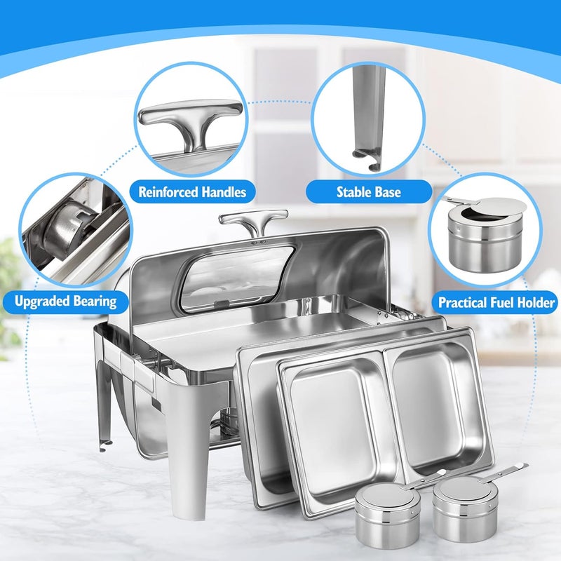 Fashionwu Large Visible Chafing Dishes Buffet Set 25178 Inch Stainless Steel Chafing Server Set 9 Quart Roll Top Chafing Dish Outdoor Food Service Buffet Set for Wedding Parties Banquet  - Image 3