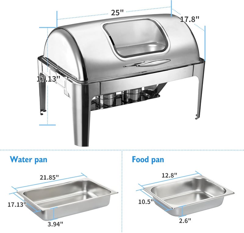 Fashionwu Large Visible Chafing Dishes Buffet Set 25178 Inch Stainless Steel Chafing Server Set 9 Quart Roll Top Chafing Dish Outdoor Food Service Buffet Set for Wedding Parties Banquet  - Image 2