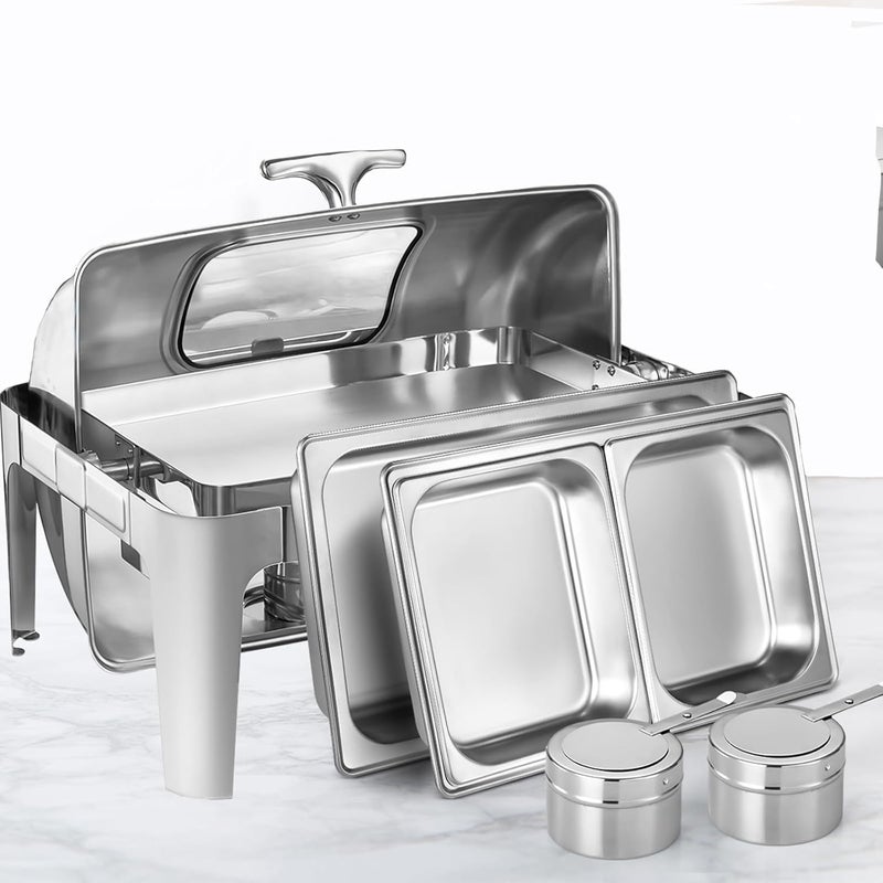 Fashionwu Large Visible Chafing Dishes Buffet Set 25178 Inch Stainless Steel Chafing Server Set 9 Quart Roll Top Chafing Dish Outdoor Food Service Buffet Set for Wedding Parties Banquet  - Image 1