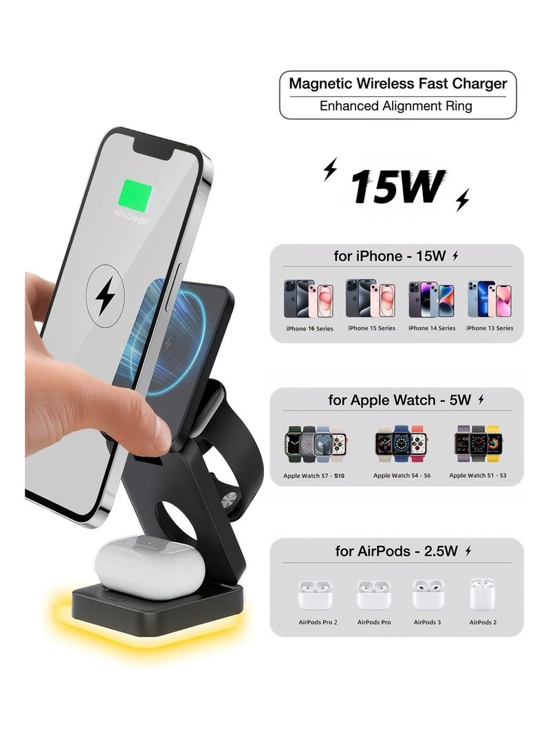 ستيلكور شاحن لاسلكي سريع، محطة شحن مغناطيسية قابلة للطي 3 في 1 متوافقة مع iPhone 16/15/14/13/12/Pro/Plus/Pro Max، شاحن محمول بقوة 15 وات لساعة Apple Watch 10/9/8/7/6/5/4/3/SE، متوافق مع Airpods 3/2/Pro-أسود - Image 5