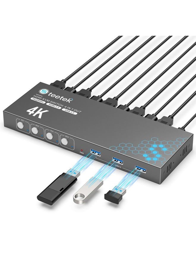 Steetek Kvm Switch Box for 4 Computers Share 1 Monitor, 4K@60Hz 4X1 Kvm Switch with 3 Usb 3.0 Ports, Hdcp 2.2, Plug and Play, Button Switch, with 1 Hdmi and 3 Usb Cables - Image 1