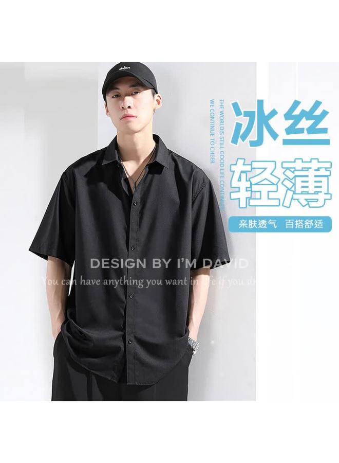 I'm David Ice Silk Shirt For Men, Summer Five-point Short-sleeve Shirt, Casual Fashion Versatile Menswear, Black, L