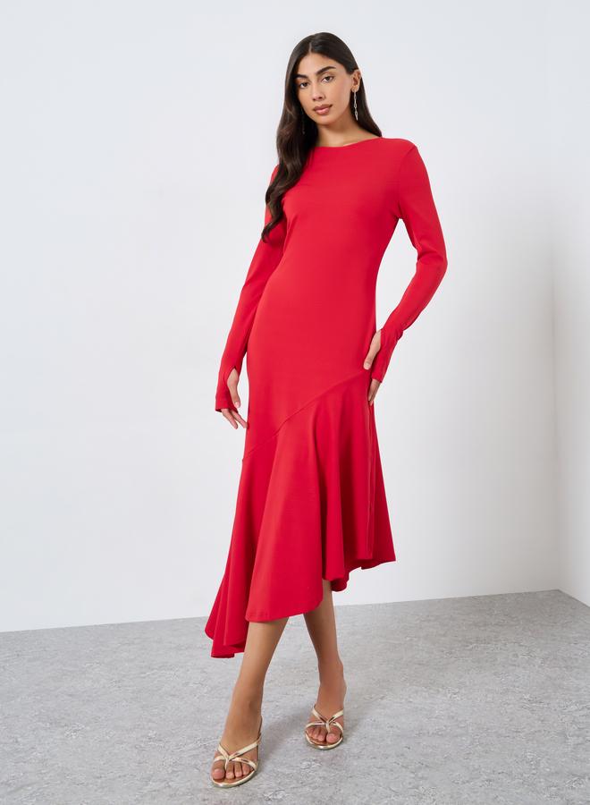 Take Two Solid Long Sleeve Asymmetric Hem Midi Dress - Image 3