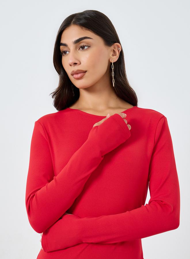 Take Two Solid Long Sleeve Asymmetric Hem Midi Dress - Image 4