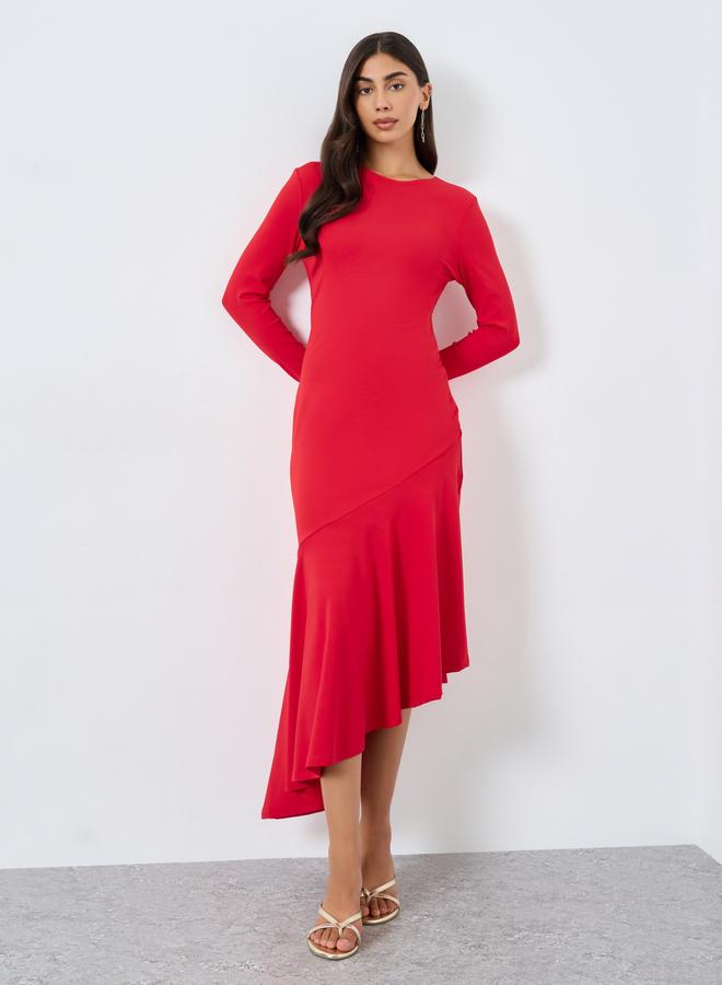 Take Two Solid Long Sleeve Asymmetric Hem Midi Dress - Image 1