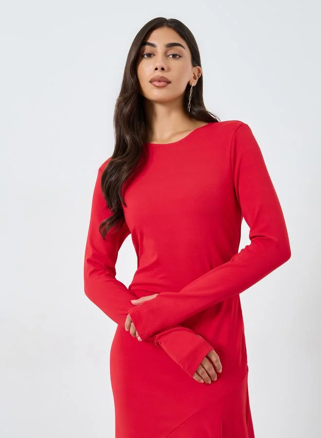 Take Two Take Two Solid Long Sleeve Asymmetric Hem Midi Dress