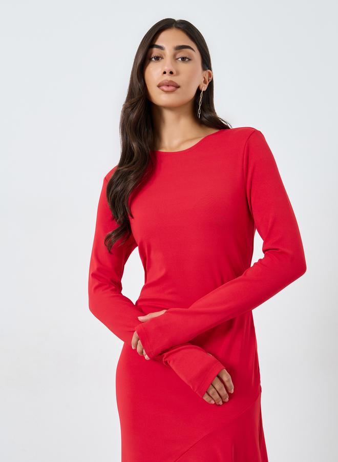 Take Two Solid Long Sleeve Asymmetric Hem Midi Dress - Image 2