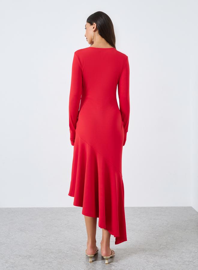 Take Two Solid Long Sleeve Asymmetric Hem Midi Dress - Image 5