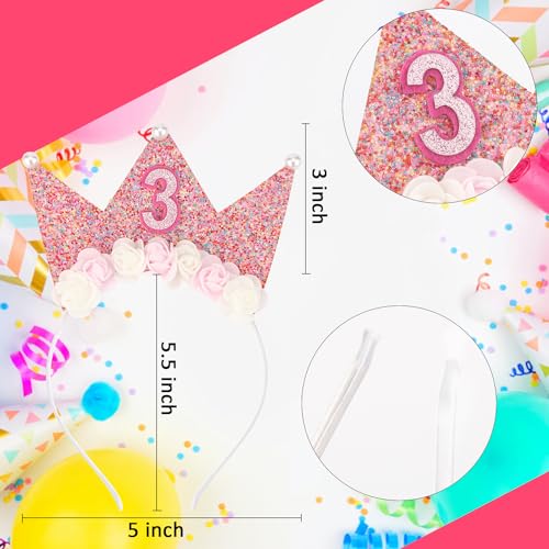 SuPoo Birthday Decorations for 3 Year Old Girl - Headband, Crown, Glitter Hair Band, Flower Princess Tiara Hair Accessory - Image 5