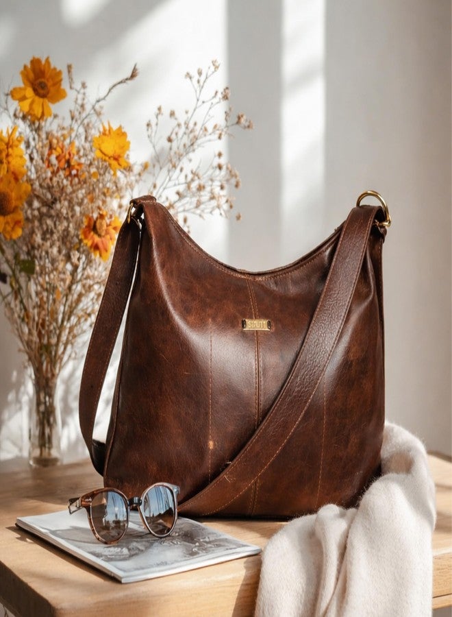 STRUTT Saddle Drift Genuine Leather Handbag for Women Brown Shoulder Bag Hobo Tote Bag Sling Bag Style Premium Vintage Leather Purse Adjustable Strap - Image 3