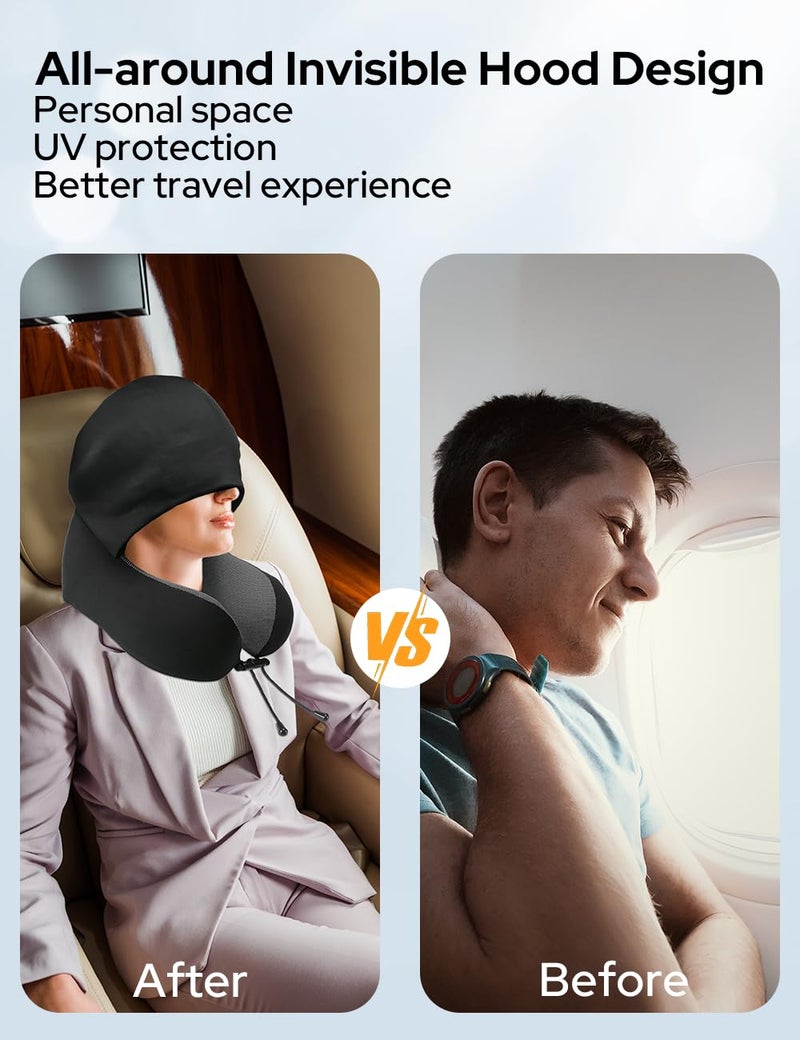 Halohop Hooded Neck Pillow for Travel Upgraded 100 Pure Memory Foam Travel Pillow for Flights Comfortable Neck Support Pillow for Neck Pain Machine Washable Neck Rest Pillows - Image 2