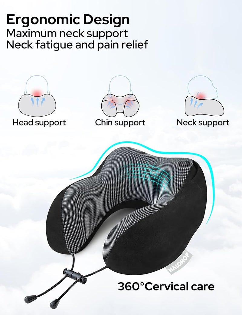 Halohop Hooded Neck Pillow for Travel Upgraded 100 Pure Memory Foam Travel Pillow for Flights Comfortable Neck Support Pillow for Neck Pain Machine Washable Neck Rest Pillows - Image 3