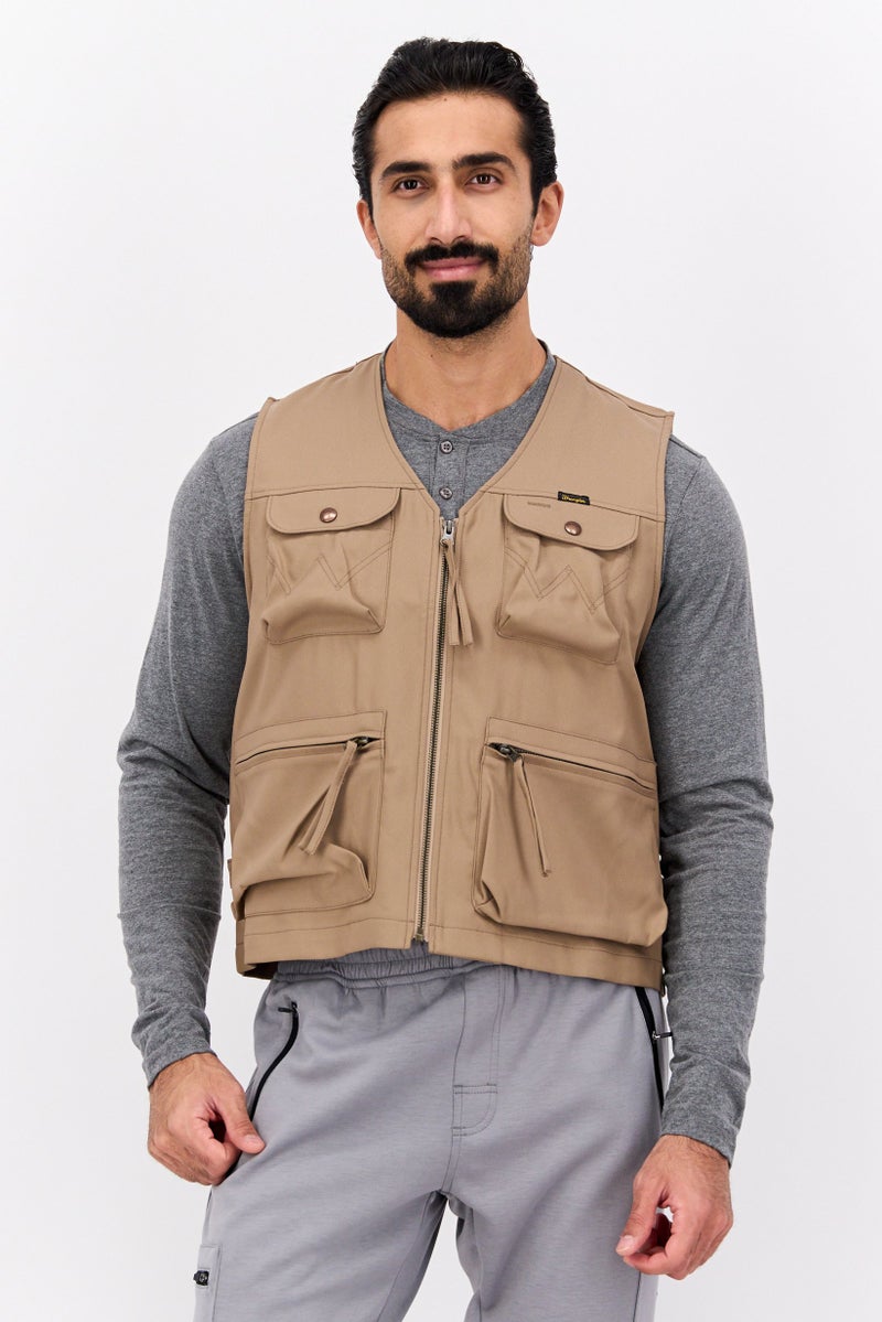 Wrangler Men Solid Vest Jacket, Tan - Image 1