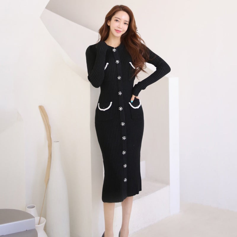2023 Autumn and Winter Korean Style Rhinestone Petal Buckle Cardigan Long Knitted Dress Womens Elegant Fragrant Sweater Dress 6040 Black - Image 1